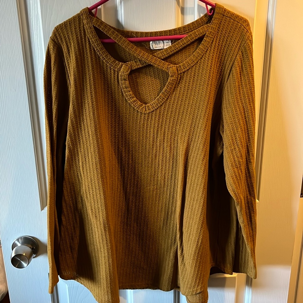 Ladies Waffle Sweater with Keyhole Front.